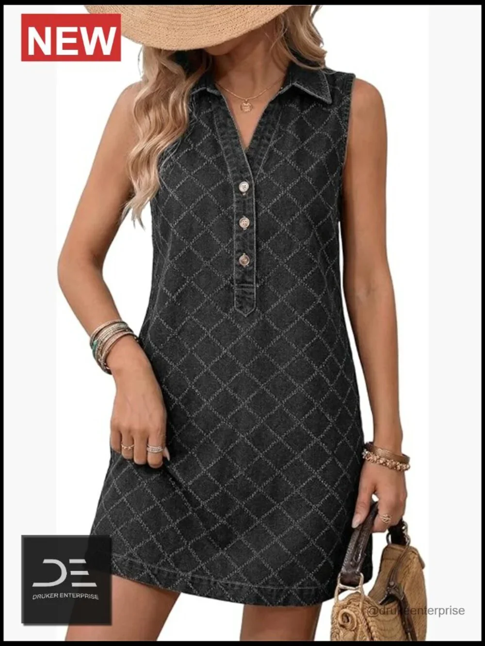 Sleeveless V Neck Button Mini Denim Dress with Pockets